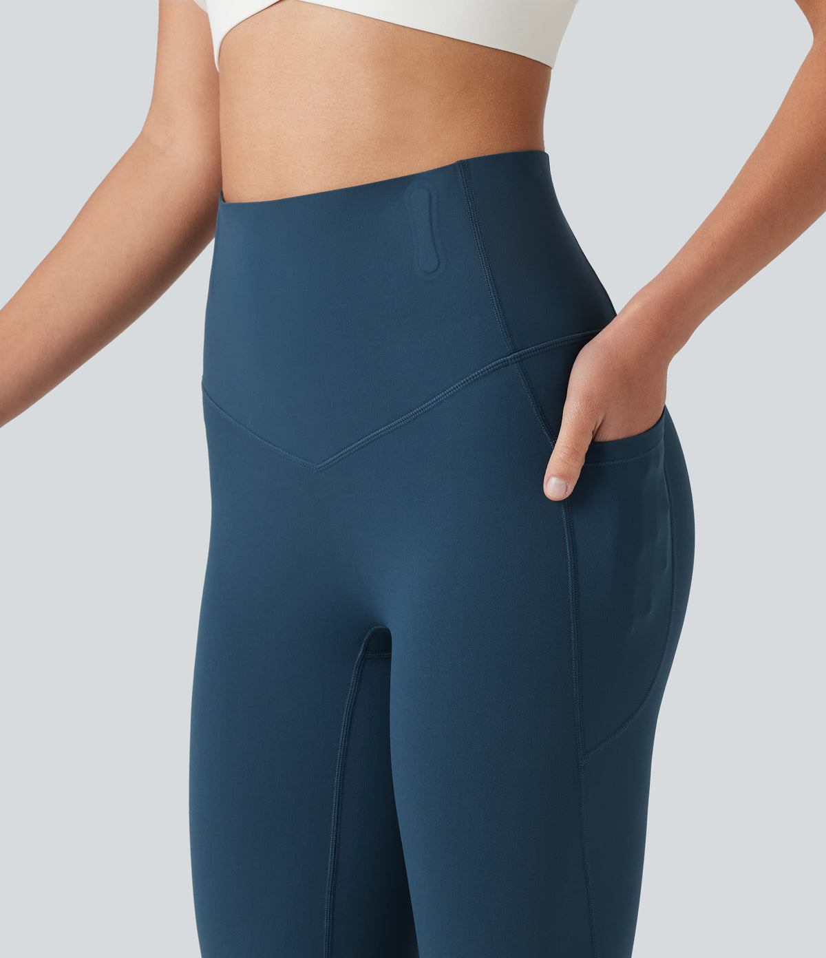 High Waisted Anti-Roll Tummy Control Shaping Workout Pedal Pushers Leggings with Pockets — Majolica Blue — view 6