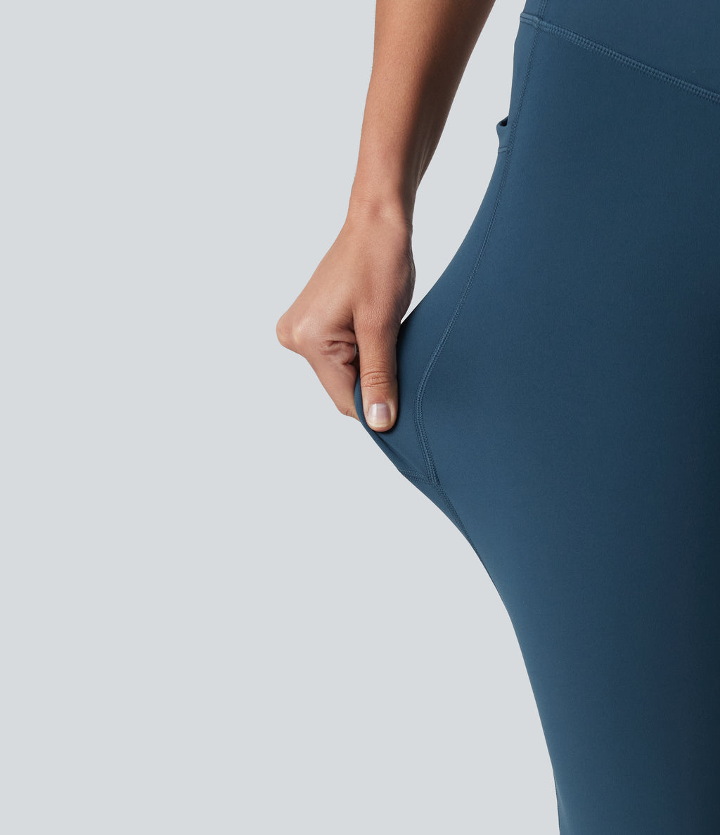 High Waisted Anti-Roll Tummy Control Shaping Workout Pedal Pushers Leggings with Pockets — Majolica Blue — view 8