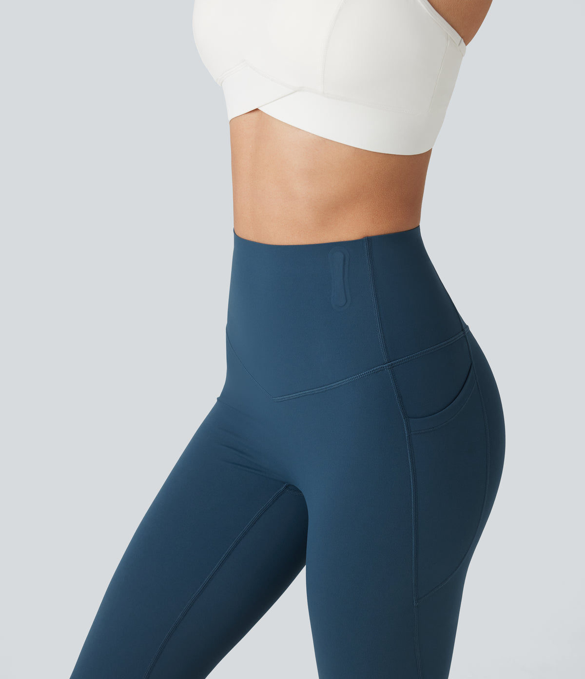 High Waisted Anti-Roll Tummy Control Shaping Workout Pedal Pushers Leggings with Pockets — Majolica Blue — view 4