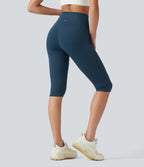 High Waisted Anti-Roll Tummy Control Shaping Workout Pedal Pushers Leggings with Pockets — Majolica Blue — view 2