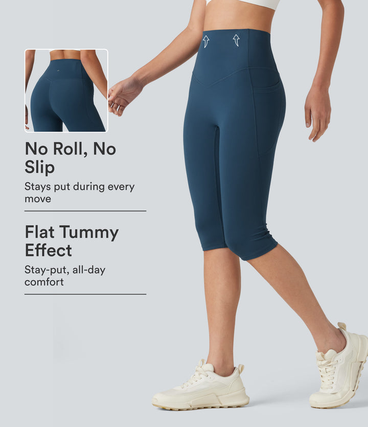 High Waisted Anti-Roll Tummy Control Shaping Workout Pedal Pushers Leggings with Pockets — Majolica Blue — view 1