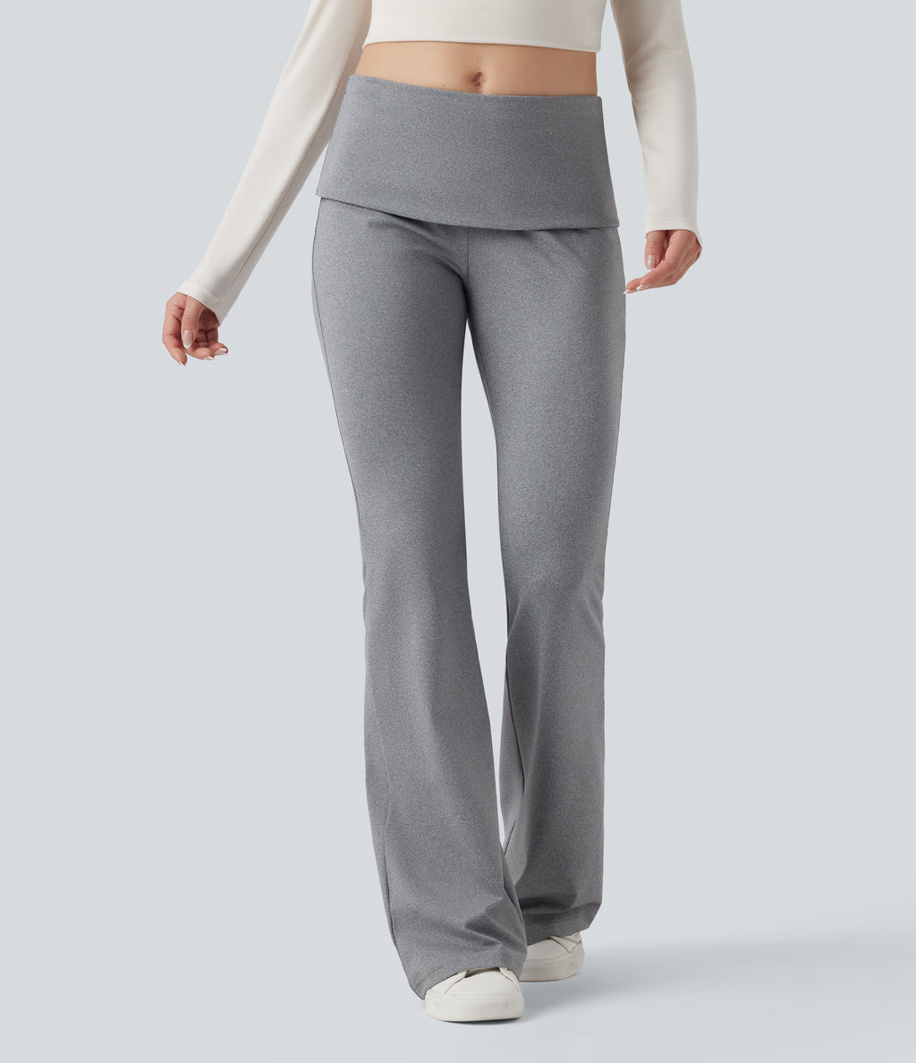 Foldover Mid Rise Casual Bootcut Trousers — Mottled Grey — view 1