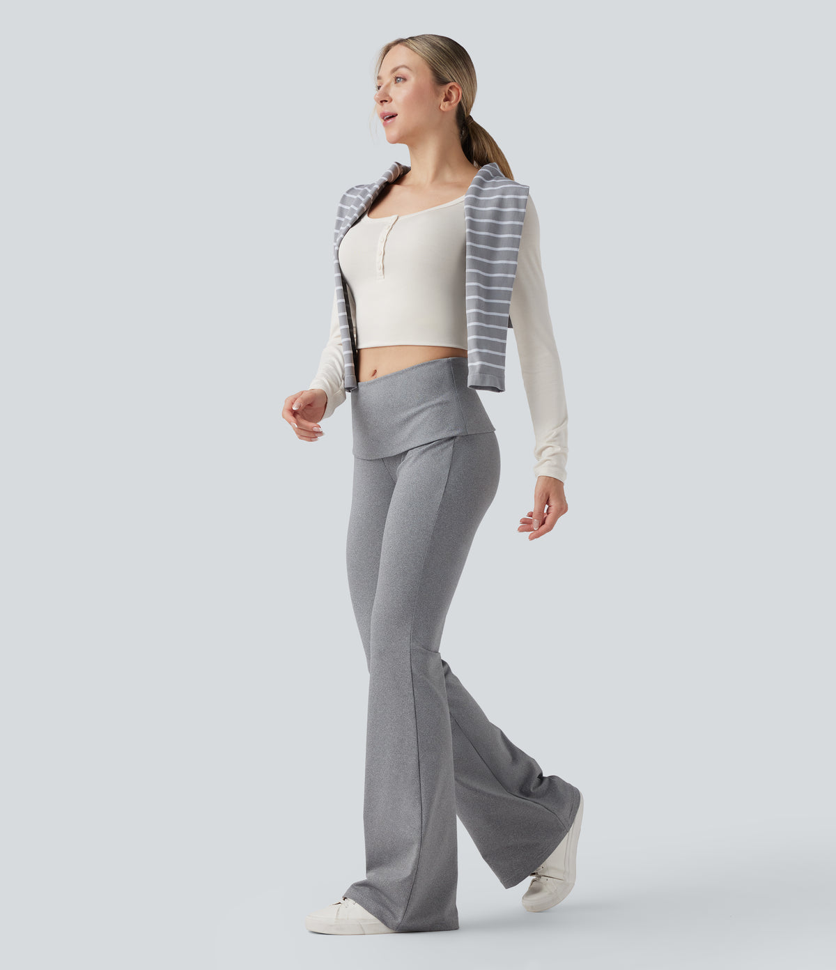 Foldover Mid Rise Casual Bootcut Trousers — Mottled Grey — view 6