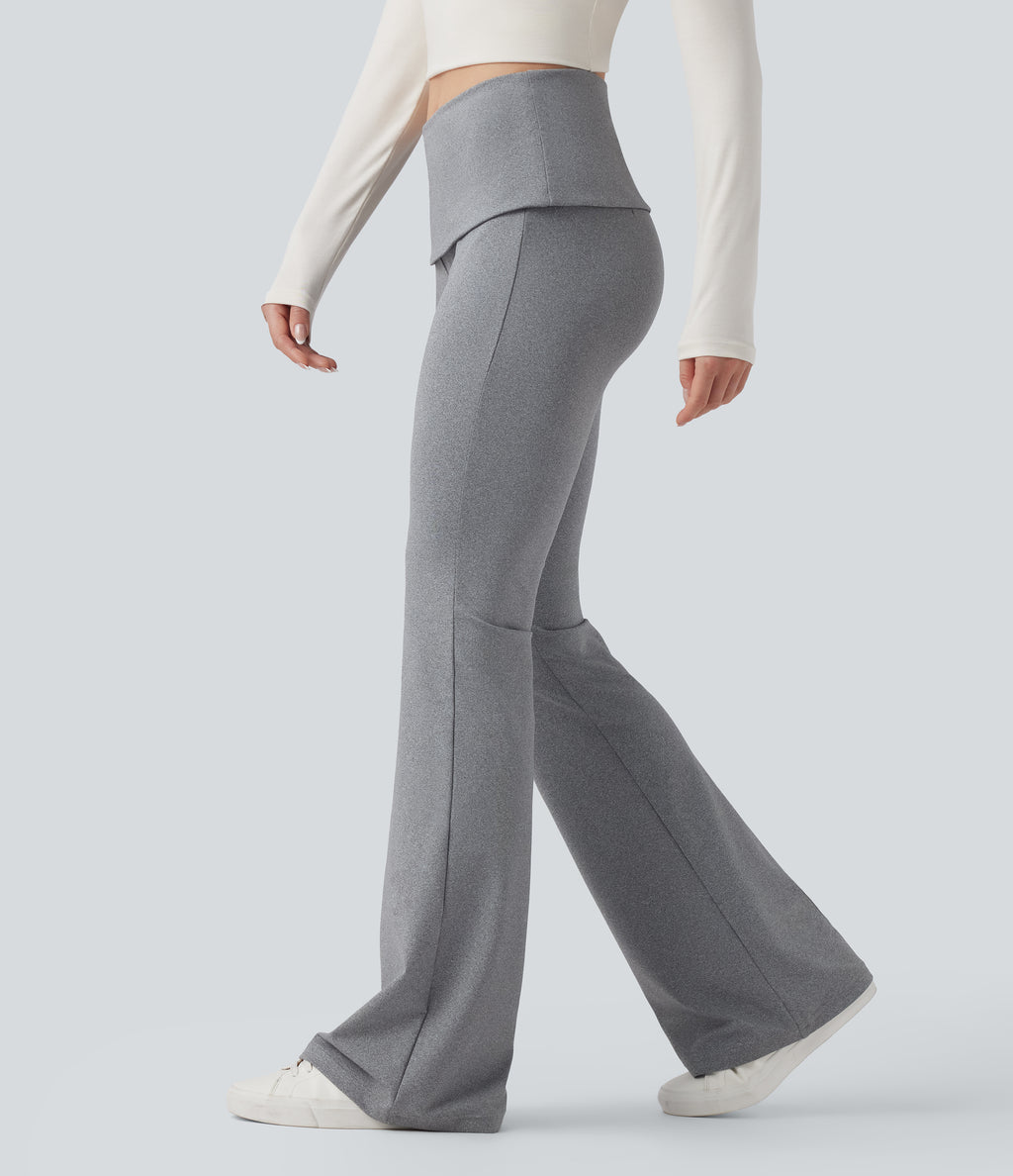 Foldover Mid Rise Casual Bootcut Trousers — Mottled Grey — view 3