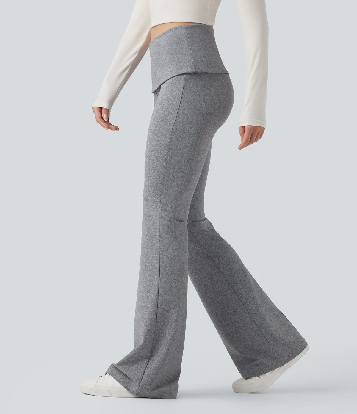 Foldover Mid Rise Casual Bootcut Trousers — Mottled Grey — view 3