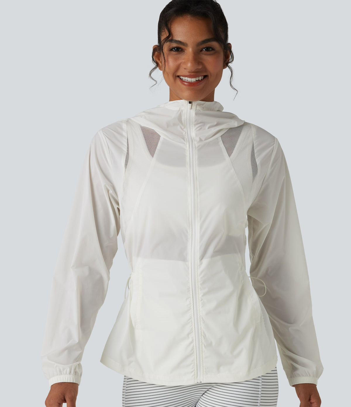 Hooded Drawstring Contrast Mesh Workout Jacket with Pockets — White — view 6