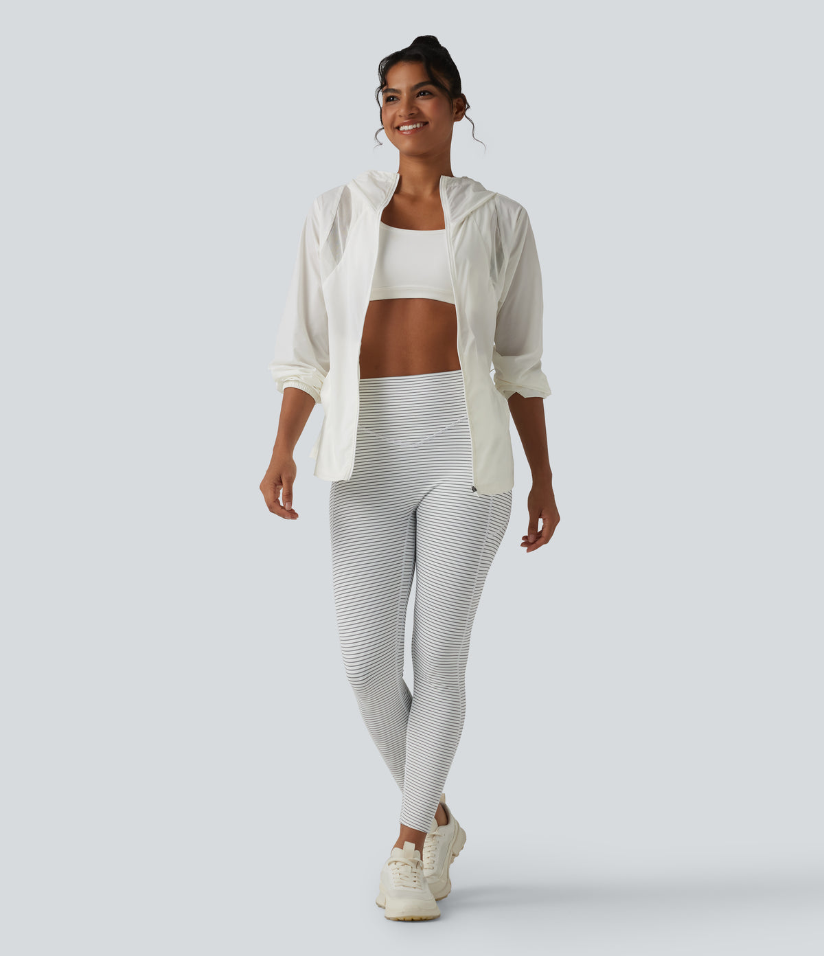Hooded Drawstring Contrast Mesh Workout Jacket with Pockets — White — view 7