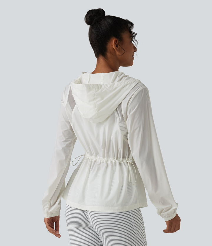 Hooded Drawstring Contrast Mesh Workout Jacket with Pockets — White — view 1