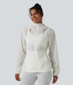 Hooded Drawstring Contrast Mesh Workout Jacket with Pockets — White — view 3