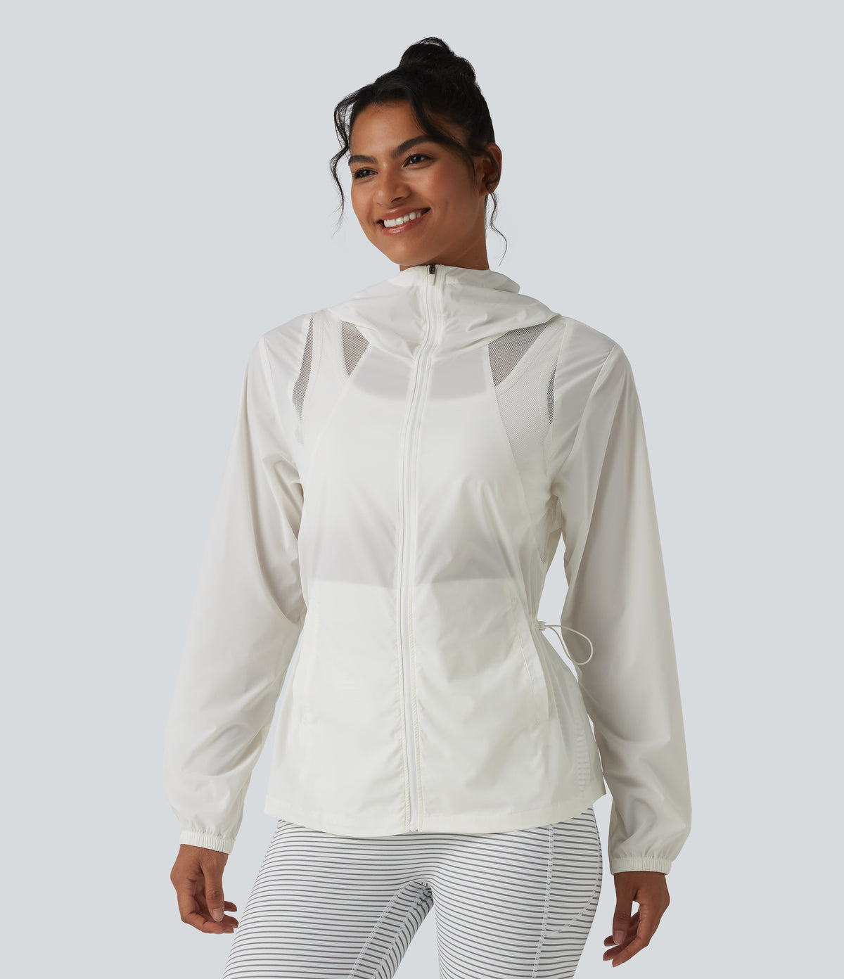Hooded Drawstring Contrast Mesh Workout Jacket with Pockets — White — view 3