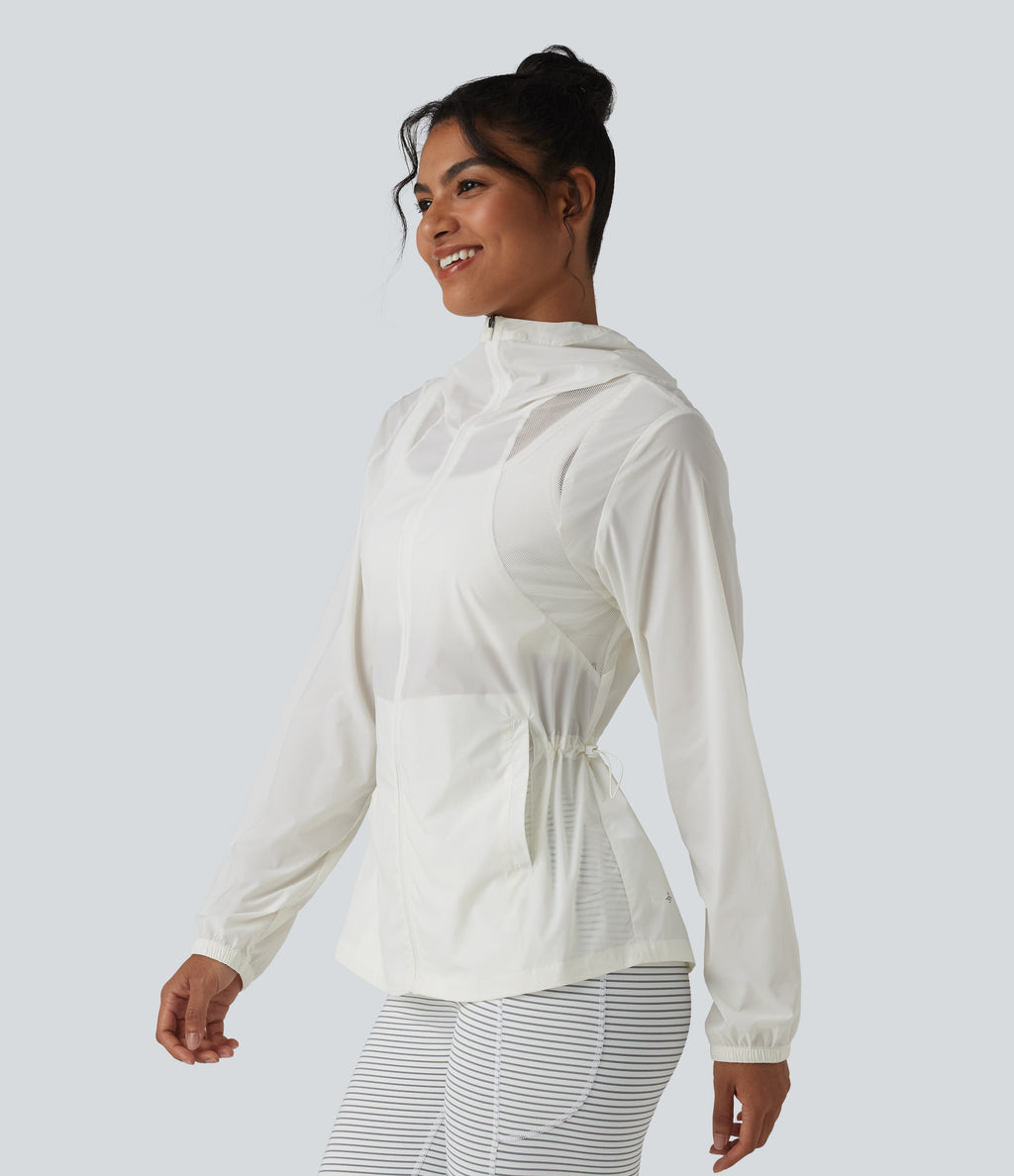 Hooded Drawstring Contrast Mesh Workout Jacket with Pockets — White — view 2
