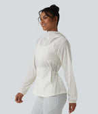 Hooded Drawstring Contrast Mesh Workout Jacket with Pockets — White — view 2