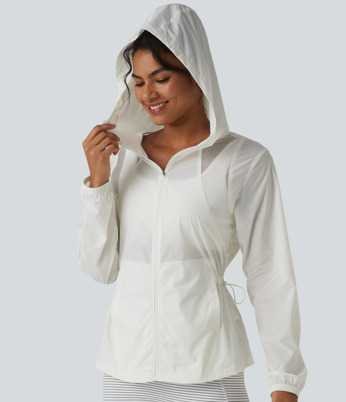 Hooded Drawstring Contrast Mesh Workout Jacket with Pockets — White — view 4