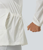 Hooded Drawstring Contrast Mesh Workout Jacket with Pockets — White — view 5