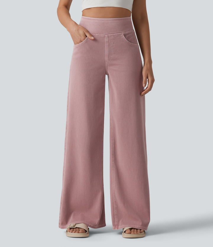 High Waisted Wide Leg Colorful Casual Jeans with Pockets — Soft Dune Blush — view 1