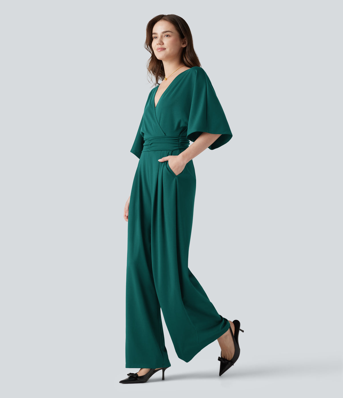V-neck Half Sleeve Tie-back Work Baggy Jumpsuit with Pockets — Bayberry — view 3