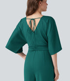 V-neck Half Sleeve Tie-back Work Baggy Jumpsuit with Pockets — Bayberry — view 6