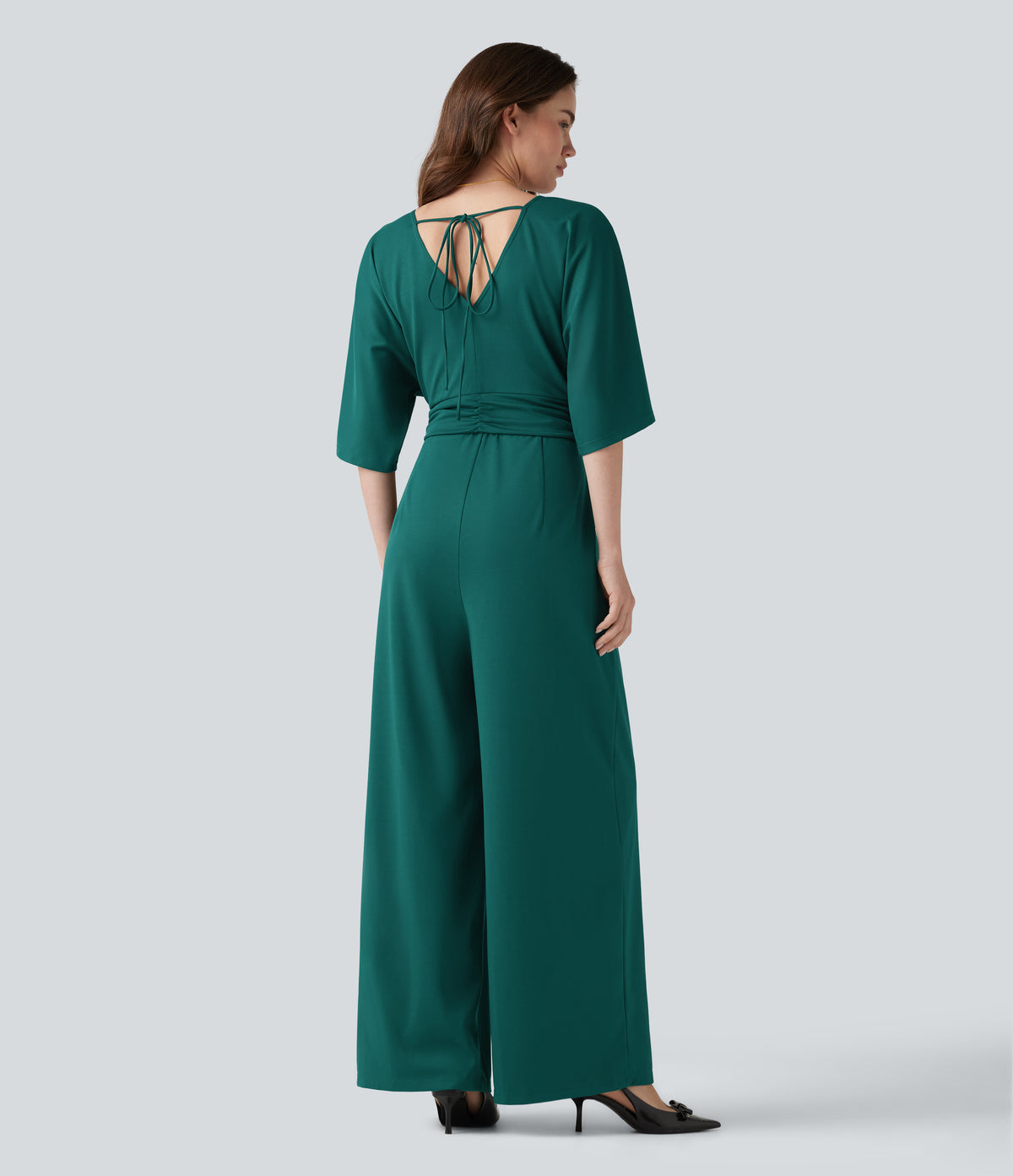 V-neck Half Sleeve Tie-back Work Baggy Jumpsuit with Pockets — Bayberry — view 2