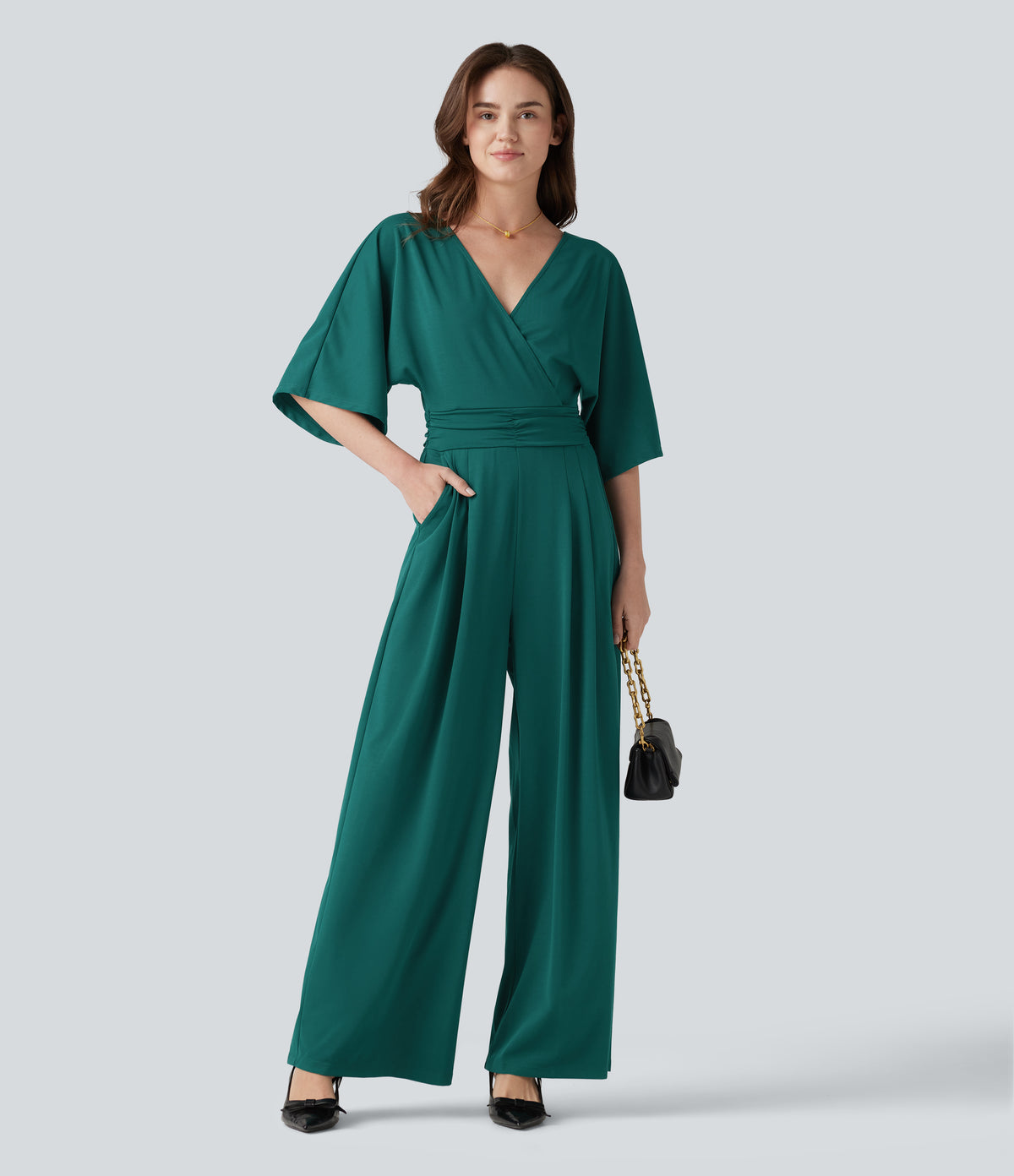 V-neck Half Sleeve Tie-back Work Baggy Jumpsuit with Pockets — Bayberry — view 8