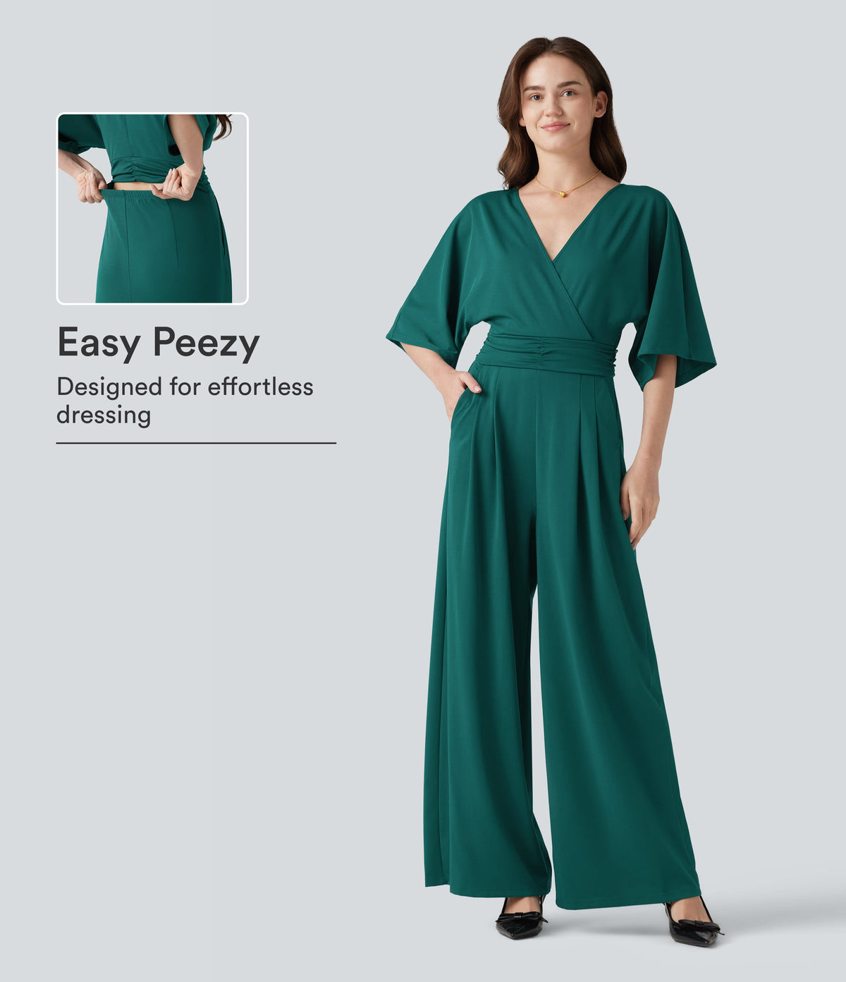 V-neck Half Sleeve Tie-back Work Baggy Jumpsuit with Pockets — Bayberry — view 1