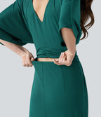 V-neck Half Sleeve Tie-back Work Baggy Jumpsuit with Pockets — Bayberry — view 4