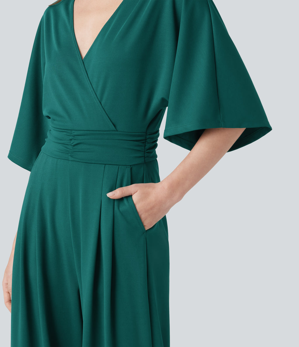 V-neck Half Sleeve Tie-back Work Baggy Jumpsuit with Pockets — Bayberry — view 5