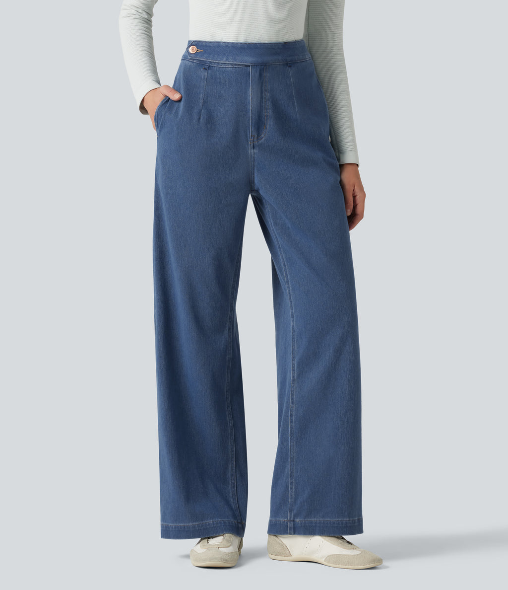 High Waisted Straight Leg Casual Jeans with Pockets — Estate Blue Denim — view 3