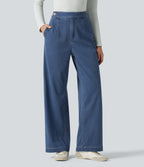High Waisted Straight Leg Casual Jeans with Pockets — Estate Blue Denim — view 3
