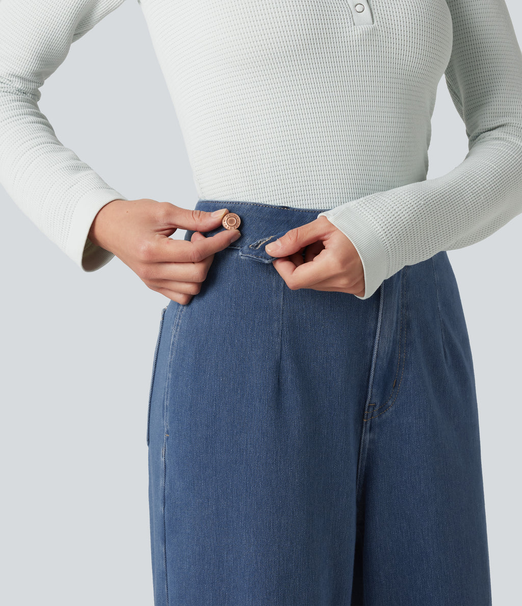 High Waisted Straight Leg Casual Jeans with Pockets — Estate Blue Denim — view 4