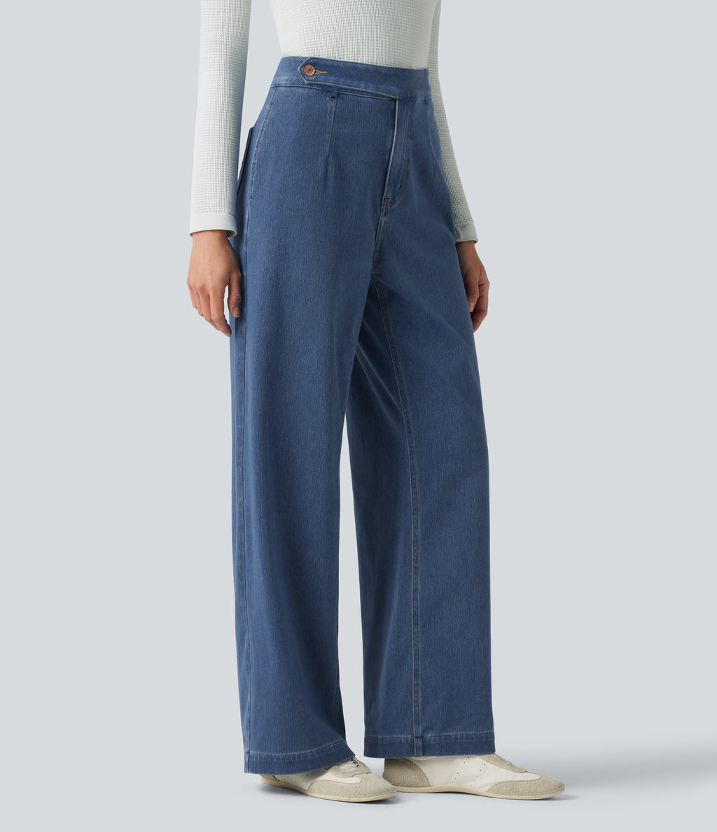 High Waisted Straight Leg Casual Jeans with Pockets — Estate Blue Denim — view 1