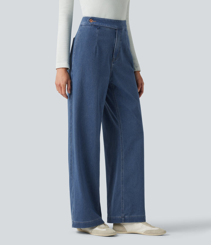 High Waisted Straight Leg Casual Jeans with Pockets — Estate Blue Denim — view 1