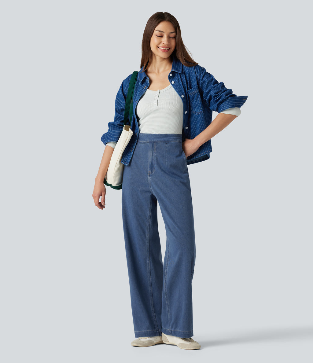 High Waisted Straight Leg Casual Jeans with Pockets — Estate Blue Denim — view 7