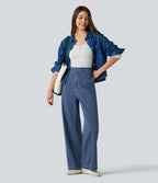 High Waisted Straight Leg Casual Jeans with Pockets — Estate Blue Denim — view 7