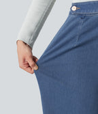 High Waisted Straight Leg Casual Jeans with Pockets — Estate Blue Denim — view 6