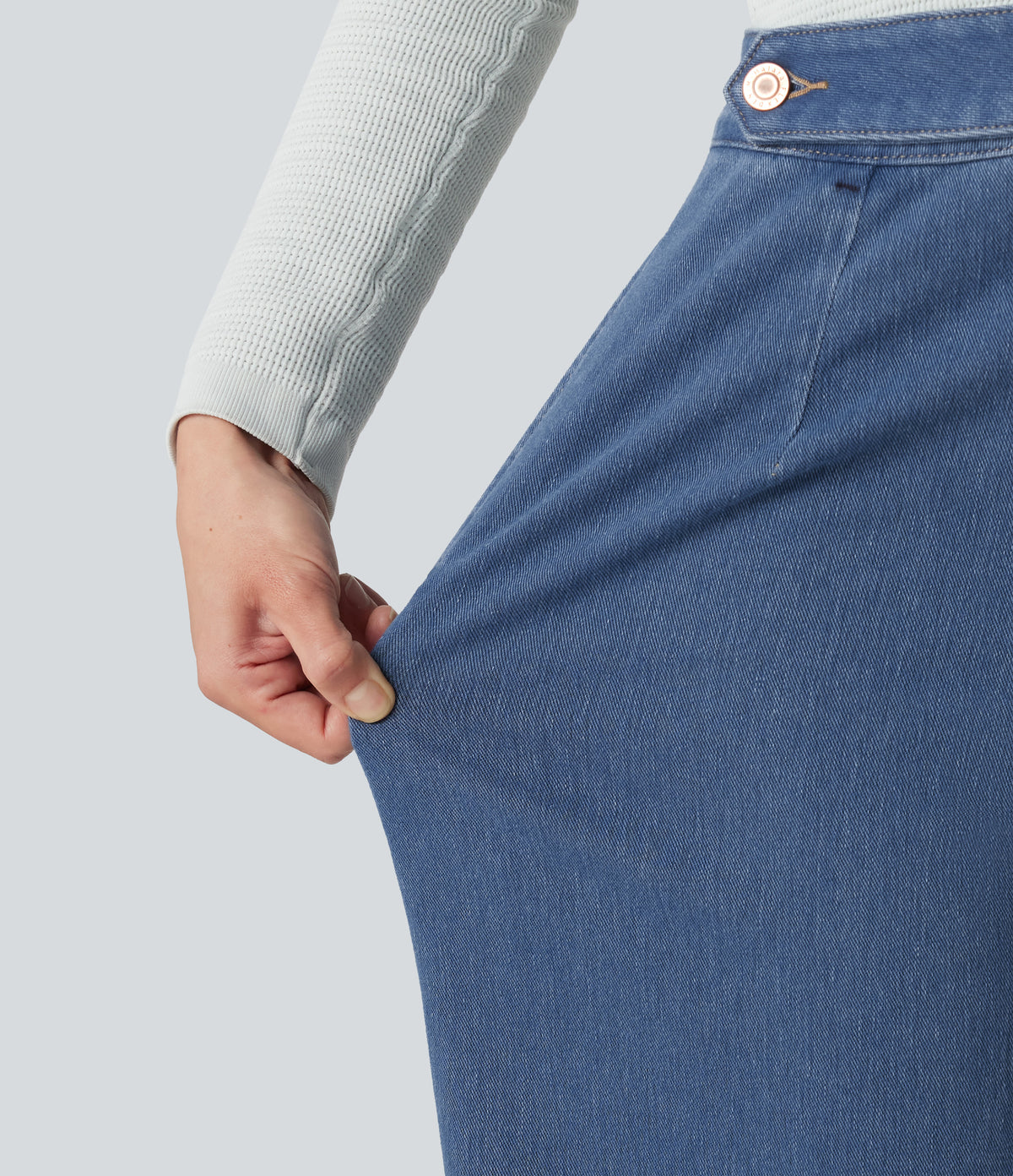 High Waisted Straight Leg Casual Jeans with Pockets — Estate Blue Denim — view 6