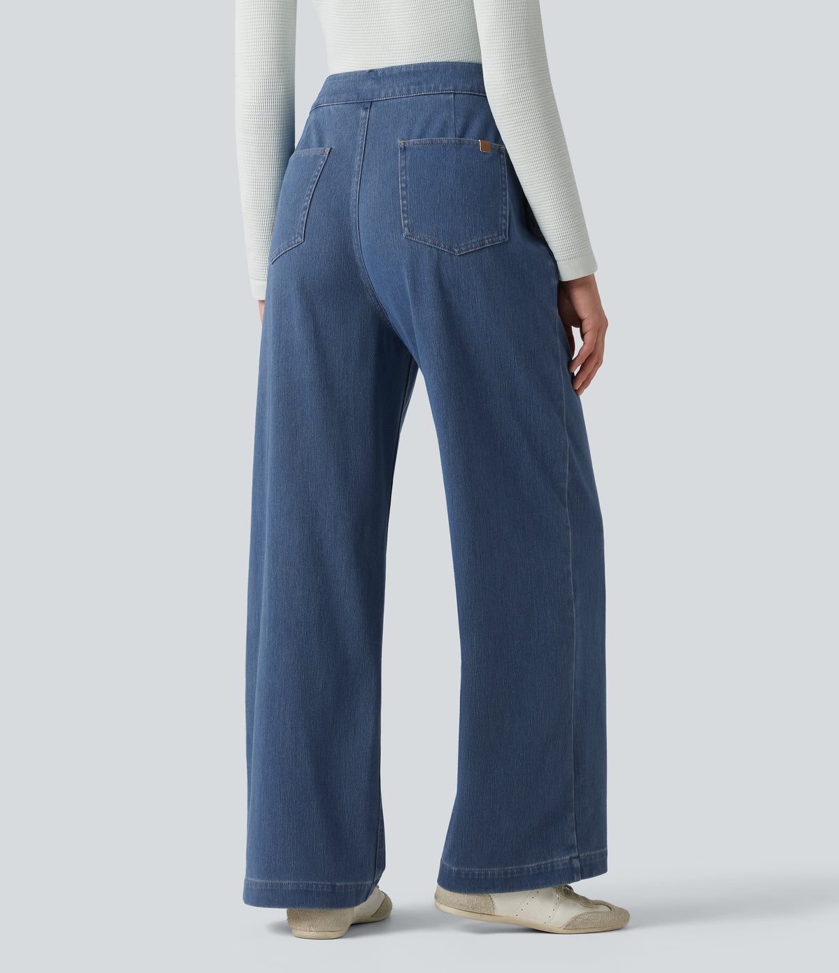 High Waisted Straight Leg Casual Jeans with Pockets — Estate Blue Denim — view 2