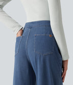 High Waisted Straight Leg Casual Jeans with Pockets — Estate Blue Denim — view 5