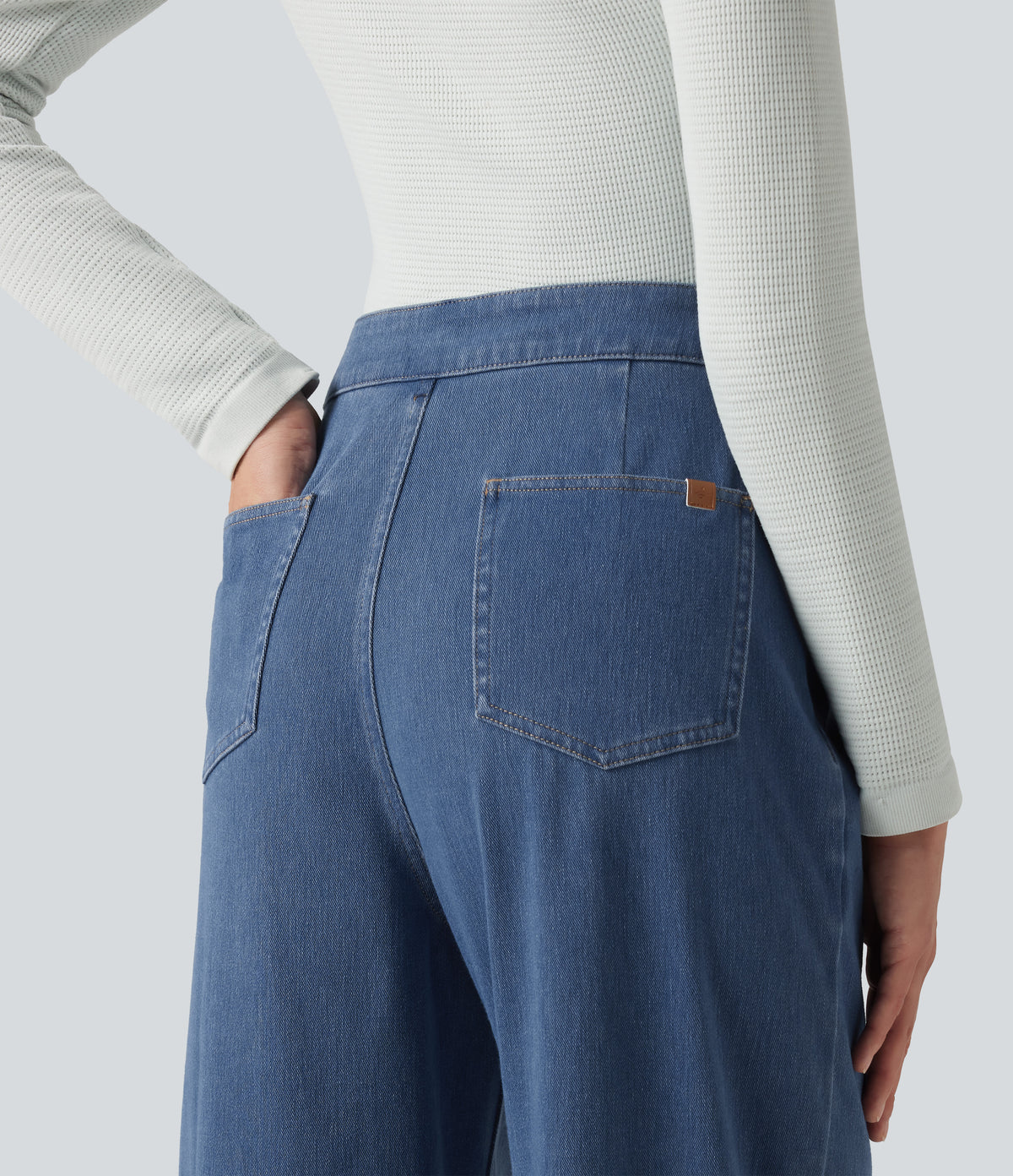 High Waisted Straight Leg Casual Jeans with Pockets — Estate Blue Denim — view 5