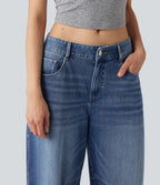 Low Rise Barrel Leg Casual Jeans with Pockets — Gulf Stream Blue Denim — view 4