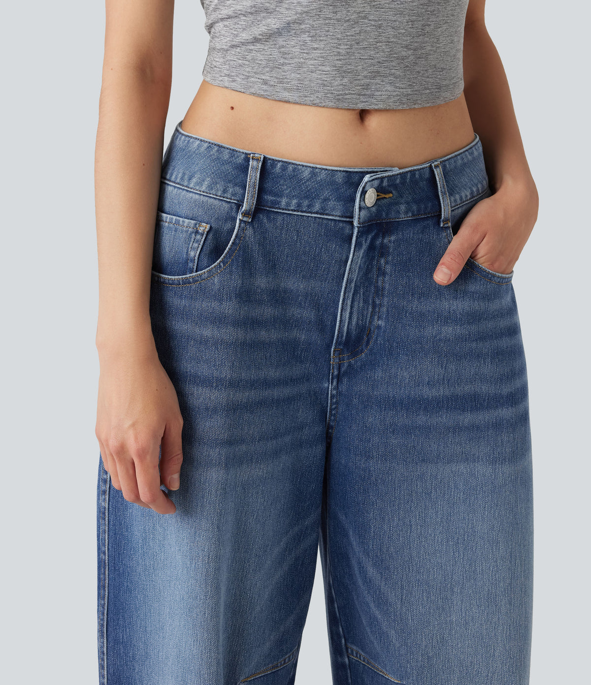 Low Rise Barrel Leg Casual Jeans with Pockets — Gulf Stream Blue Denim — view 4