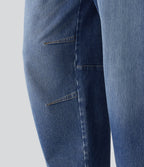 Low Rise Barrel Leg Casual Jeans with Pockets — Gulf Stream Blue Denim — view 6