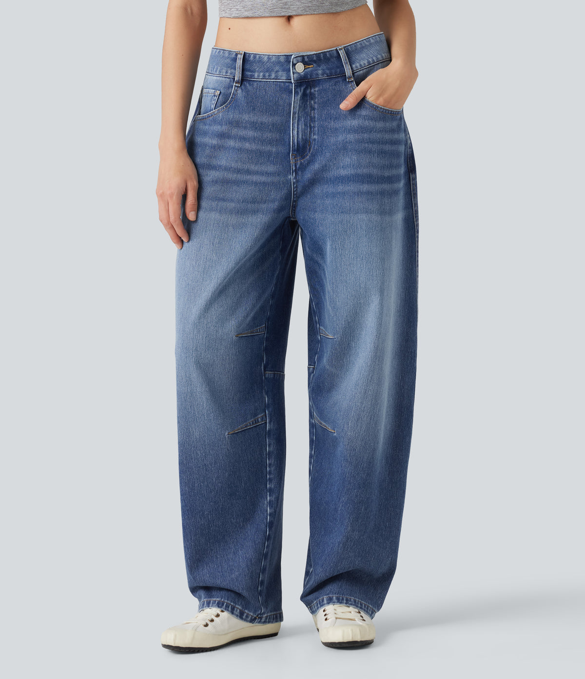 Low Rise Barrel Leg Casual Jeans with Pockets — Gulf Stream Blue Denim — view 1