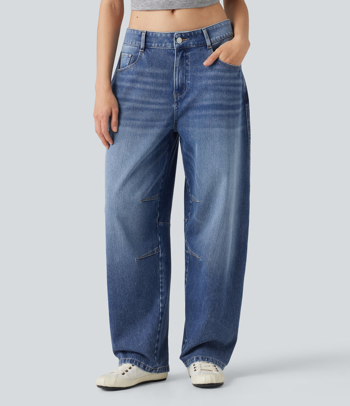 Low Rise Barrel Leg Casual Jeans with Pockets — Gulf Stream Blue Denim — view 1