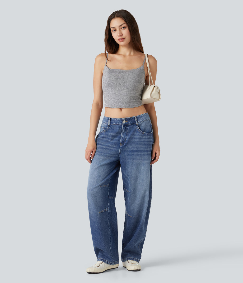 Low Rise Barrel Leg Casual Jeans with Pockets — Gulf Stream Blue Denim — view 8