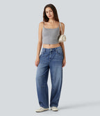 Low Rise Barrel Leg Casual Jeans with Pockets — Gulf Stream Blue Denim — view 8