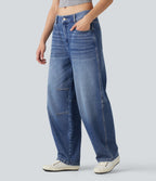 Low Rise Barrel Leg Casual Jeans with Pockets — Gulf Stream Blue Denim — view 3