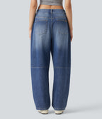 Low Rise Barrel Leg Casual Jeans with Pockets — Gulf Stream Blue Denim — view 2