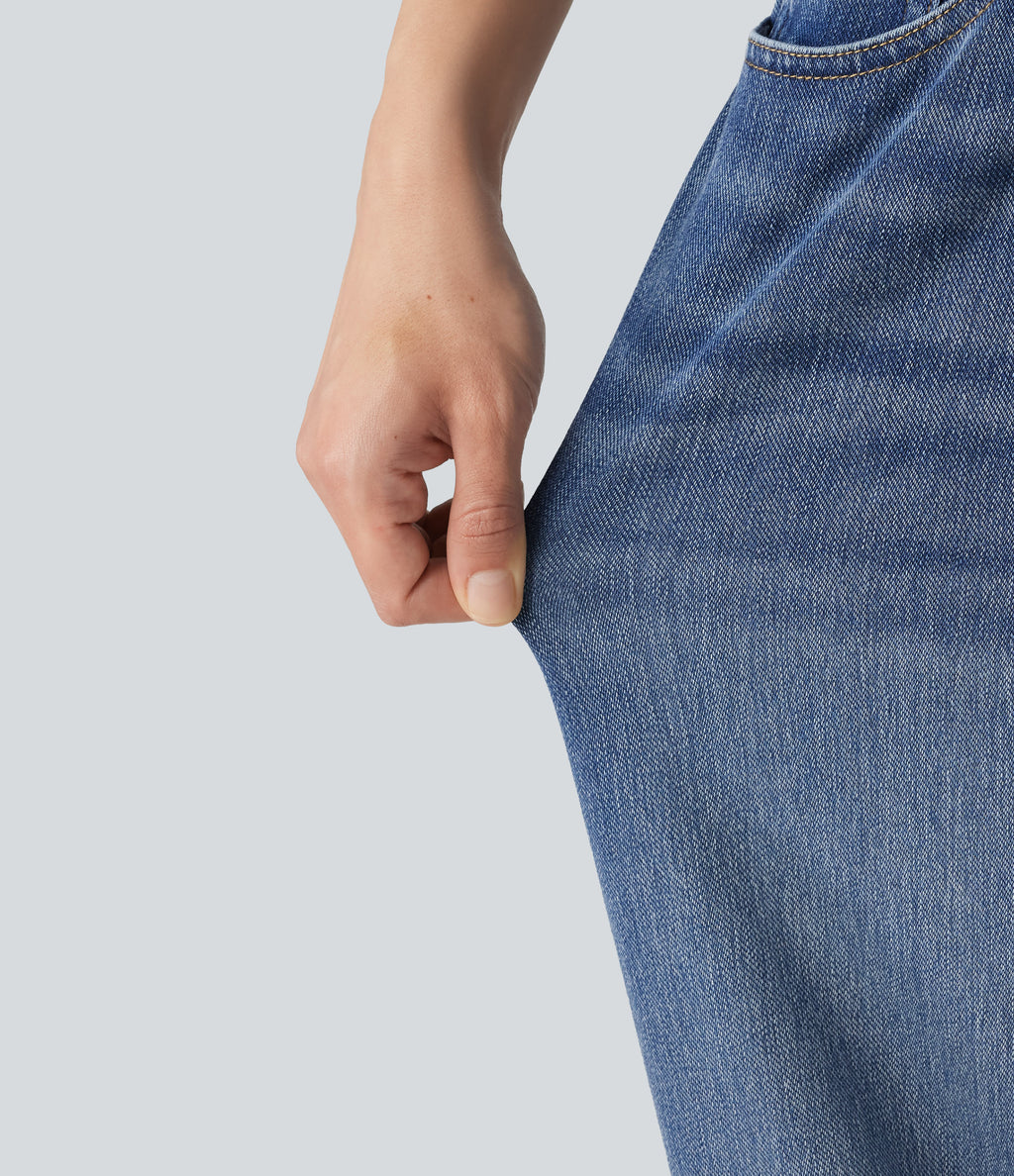 Low Rise Barrel Leg Casual Jeans with Pockets — Gulf Stream Blue Denim — view 7