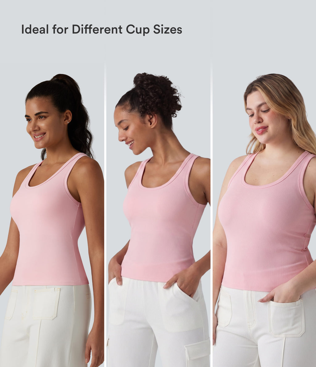 Ribbed Knit U Neck Built-in Bra Dance Tank Top B-E Cups — Veiled Pink — view 4