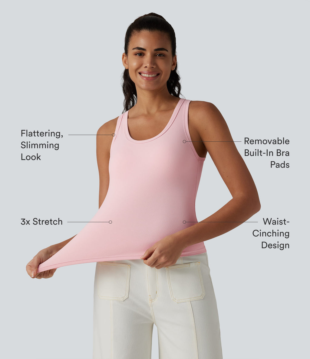 Ribbed Knit U Neck Built-in Bra Dance Tank Top B-E Cups — Veiled Pink — view 2